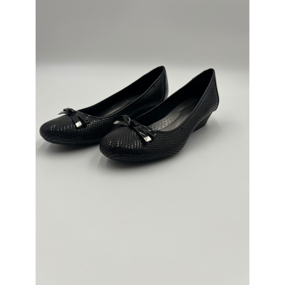 Karen Scott Pippa Black Snakeskin Texture Wedge Pumps Bow Detail Size 8.5M